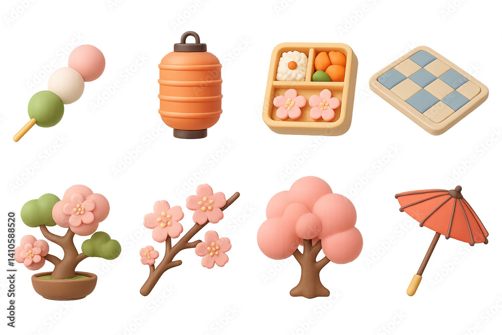 3D icon set of sakura blossom: sakura branch, pagoda, falling petal, cherry blossom tree, parasol, paper fan, japanese sweets, mount fuji. 3d icon. icons set of 3d style in a modern design. Isolated