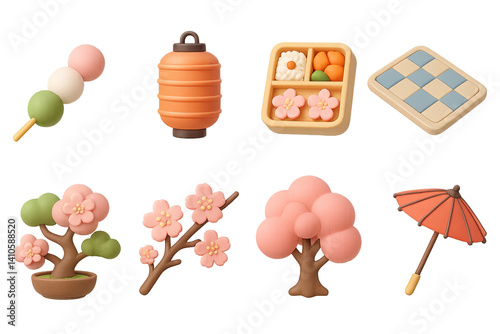 Obraz na płótnie 3D icon set of sakura blossom: sakura branch, pagoda, falling petal, cherry blossom tree, parasol, paper fan, japanese sweets, mount fuji. 3d icon. icons set of 3d style in a modern design. Isolated w salonie