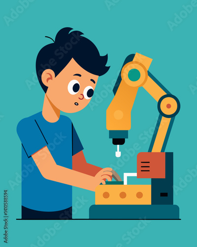 A boy concentrates deeply as he codes his robotic arm to follow a complex series of movements determined to master the challenge.. Vector illustration