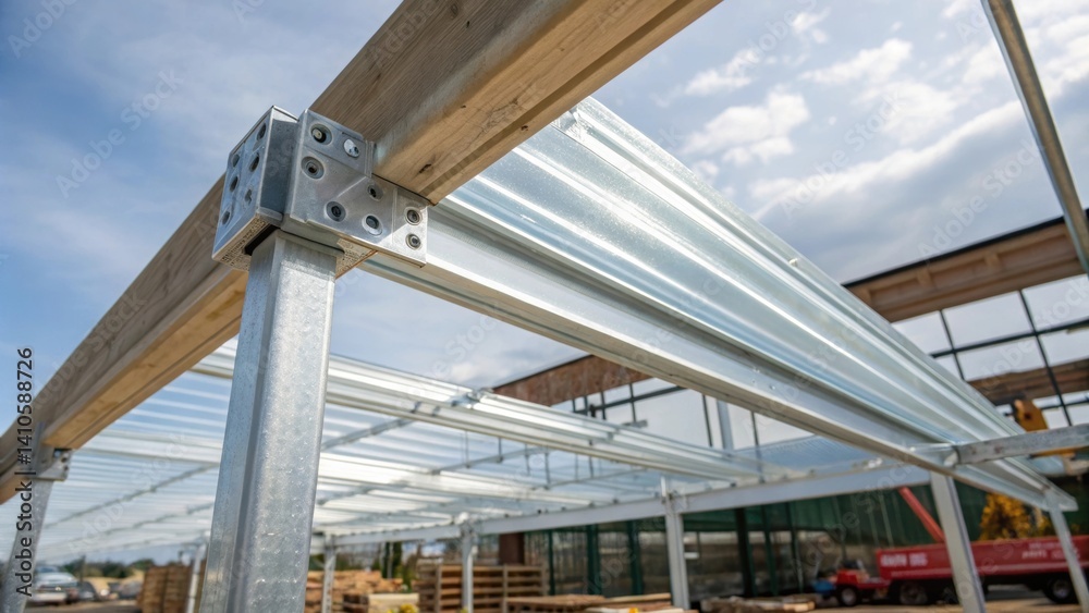 A medium closeup of a transparent aluminum beam employed in a construction project demonstrating its ability to support weight while maintaining an open airy feel in the structure.