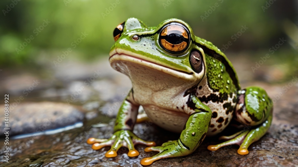 Close-up of a vibrant green frog in a natural setting Close-up of a vibrant green frog in a natural setting