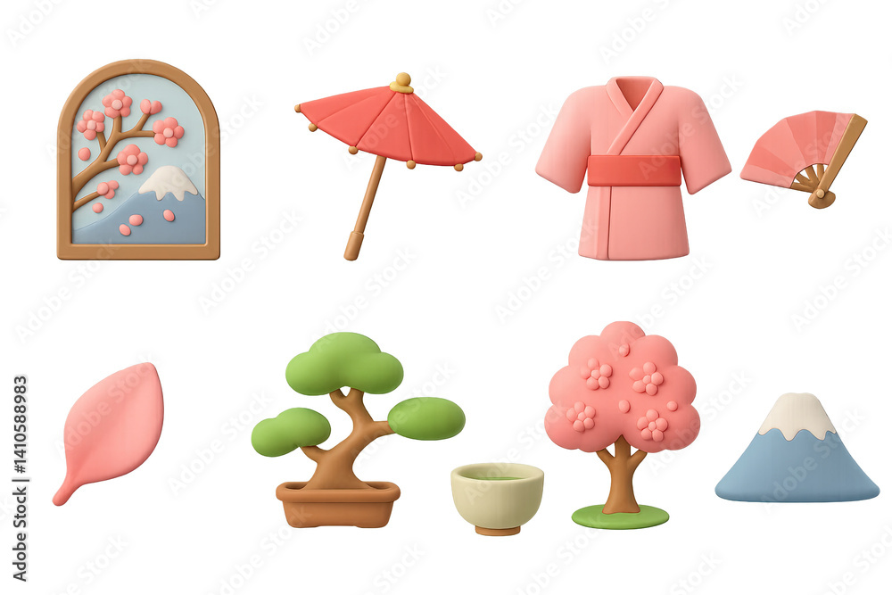 3D icon set of sakura blossom: sakura branch, pagoda, falling petal, cherry blossom tree, parasol, paper fan, japanese sweets, mount fuji. 3d icon. icons set of 3d style in a modern design. Isolated