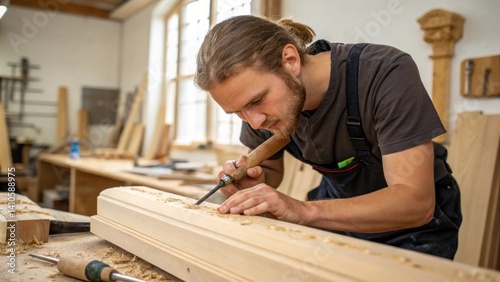 A medium closeup of a woodworker shaping a piece of sustainable timber emphasizing the ease of handling and machining due to the nanotechnology treatment.
