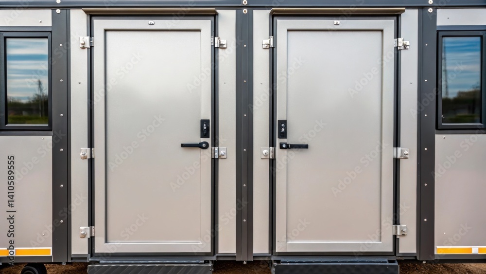 A medium closeup of sy weatherproof doors on the mobile site office emphasizing the reinforced hinges and durable materials designed for outdoor use.