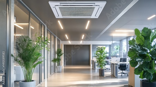 Modern office with indoor greenery and ceiling-mounted air conditioning unit