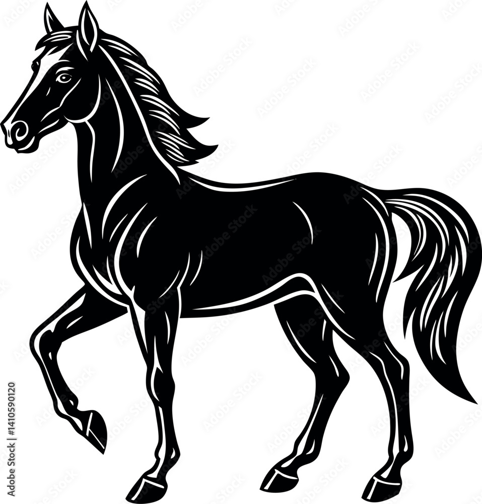 Fototapeta premium Elegant Standing Horse Silhouette Vector – Graceful Stallion Clipart for Western and Ranch Designs
