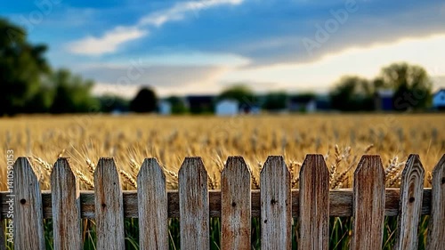 Rustic wooden fence in foreground with golden wheat field under a dramatic sky at sunset