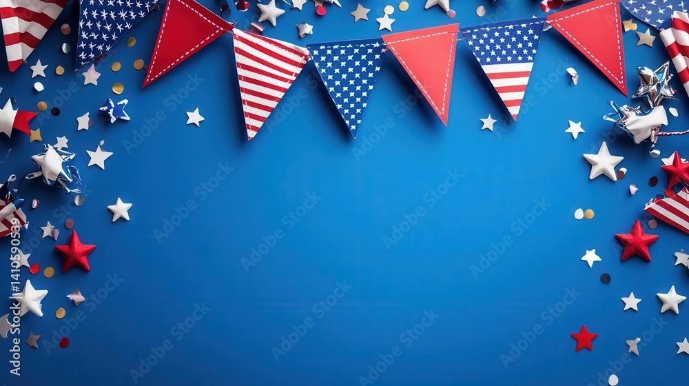Fototapeta premium Patriotic american flag bunting and stars for festive decorations on blue background
