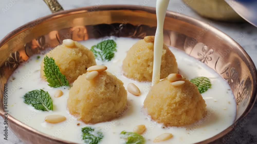 Golden dumplings floating in a milky liquid, adorned with pine nuts and mint leaves in a rustic copper bowl, creating an inviting dessert scene.