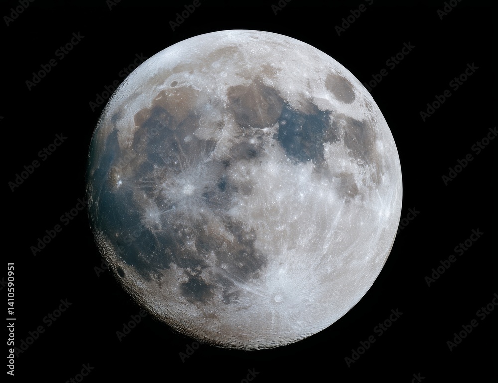 Obraz premium A bright lunar satellite, the full moon, is depicted in isolation on a black background in high resolution