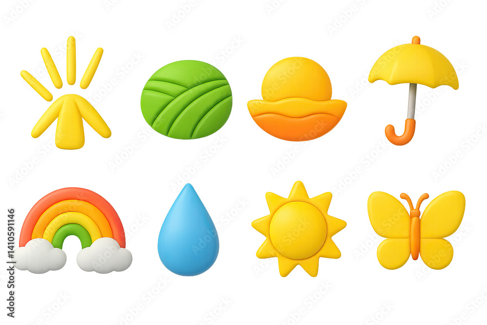 3D icon set of sunny mood: light ray, field, sunset, sunbeam, umbrella, rainbow, raindrop, butterfly. 3d icon. icons set of 3d style in a modern design. Isolated