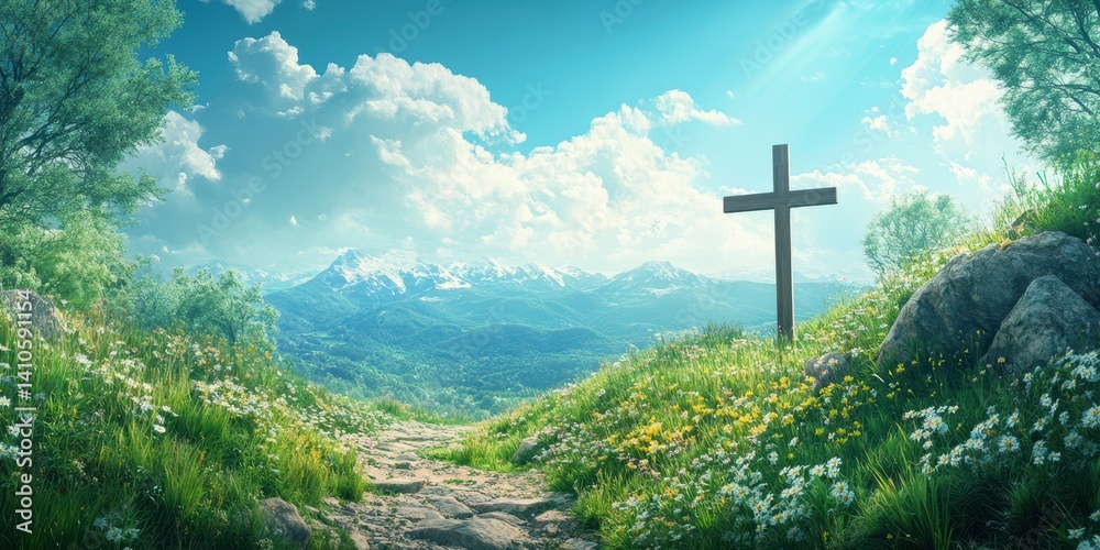 Peaceful mountain view with a wooden cross surrounded by wildflowers under a blue sky Peaceful mountain view with a wooden cross surrounded by wildflowers under a blue sky
