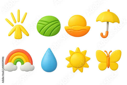 Obraz na płótnie 3D icon set of sunny mood: light ray, field, sunset, sunbeam, umbrella, rainbow, raindrop, butterfly. 3d icon. icons set of 3d style in a modern design. Isolated w salonie