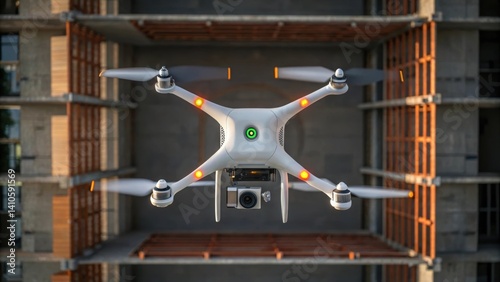 An overhead view of a drone flying above a partially assembled structure with a closeup of its navigation system illuminated highlighting the blend of artificial intelligence and