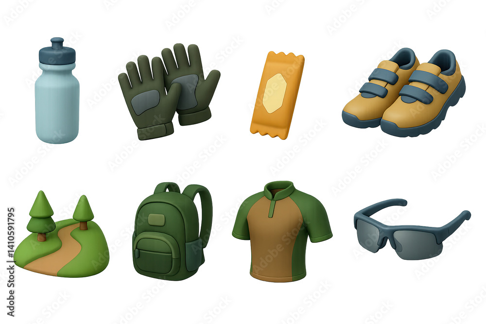 3D icon set of mountain biking: water bottle, gloves, energy bar, cycling shoes, bike path, backpack, cycling jersey, sunglasses. 3d icon. icons set of 3d style in a modern design. Isolated