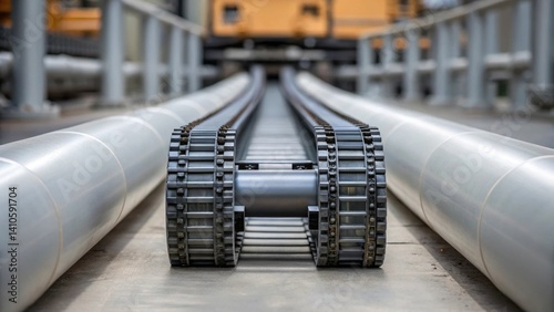A robotic crawler with multidirectional tracks crawling along a curved section of a pipeline demonstrating its adaptability to complex terrain.