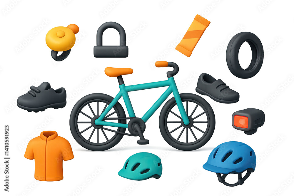 3D icon set of bike ride: backpack, bike light, bike lock, sunglasses, bicycle, water bottle, bike stand, bike bell. 3d icon. icons set of 3d style in a modern design. Isolated