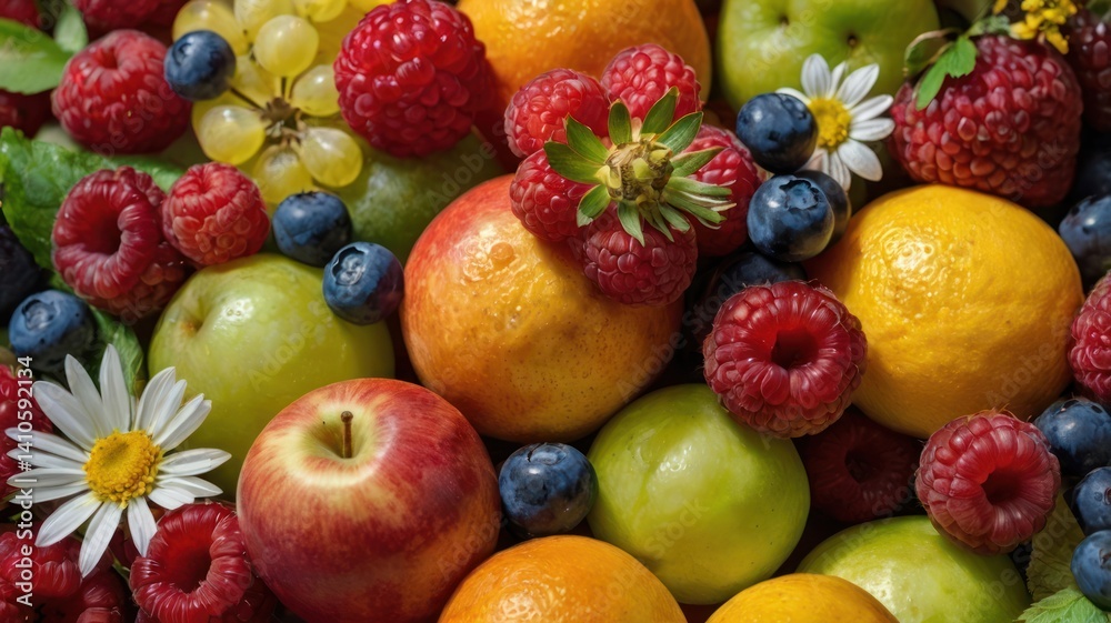 Colorful fruit and flower arrangement, healthy food display, visual appeal, possible use for nutrition or healthy eating content