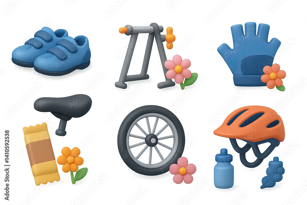 Colorful 3d bicycle accessories icon set with flowers for spring-themed designs
