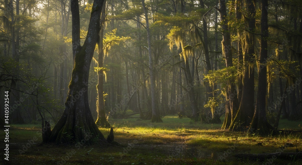 Fototapeta premium 神秘的な朝の光が差し込む、緑深い森の風景写真