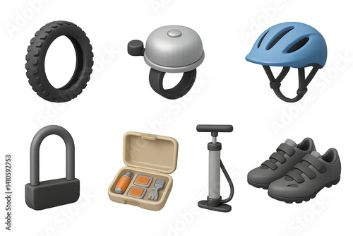 3D icon set of bike adventure: tire, bike bell, bike lock, helmet, repair kit, water bottle, pump, cycling shoes. 3d icon. icons set of 3d style in a modern design. Isolated