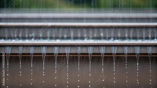 Closeup of a textured rainscreen in motion with clever drainage systems visibly at work as water trickles off its surface into a collection channel below.