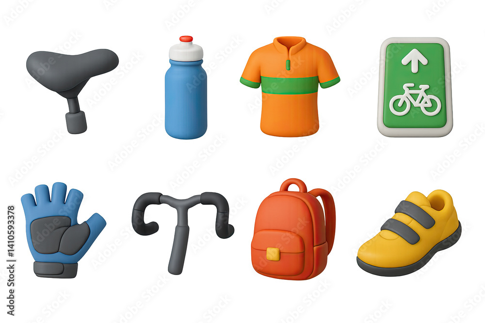 3D icon set of bike culture: bike seat, water bottle, cycling jersey, bike path, gloves, handlebar, backpack, cycling shoes. 3d icon. icons set of 3d style in a modern design. Isolated