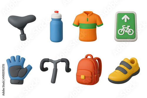 Obraz na płótnie 3D icon set of bike culture: bike seat, water bottle, cycling jersey, bike path, gloves, handlebar, backpack, cycling shoes. 3d icon. icons set of 3d style in a modern design. Isolated w salonie