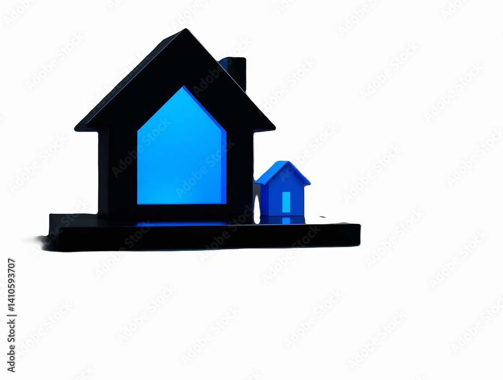 a digital 3D rendering of two stylized house icons placed on a sleek, reflective black platform. The larger house is depicted in a glossy black finish with sharp, clean lines and a prominent window a digital 3D rendering of two stylized house icons placed on a sleek, reflective black platform. The larger house is depicted in a glossy black finish with sharp, clean lines and a prominent window