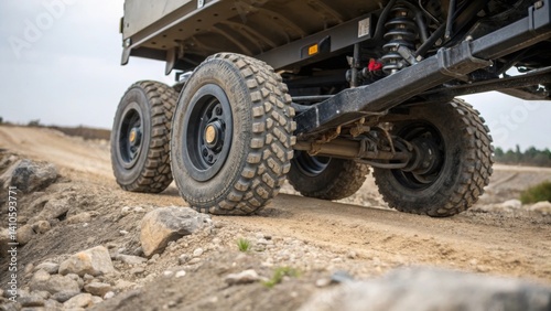 Detailed shot of the cranes wheels on uneven terrain emphasizing the adaptive suspension system designed for stability and maneuverability.