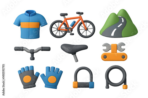 Cycling adventure icons set: 3d style biking gear and accessories
