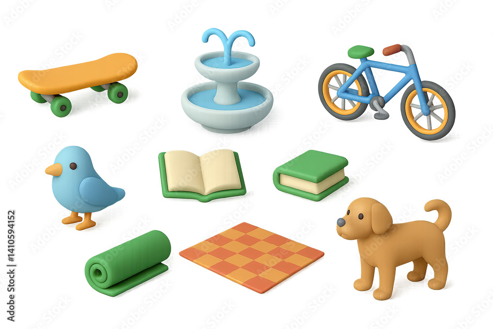 Playful 3d icon set: outdoor activities and leisure theme with skateboard, fountain, and more