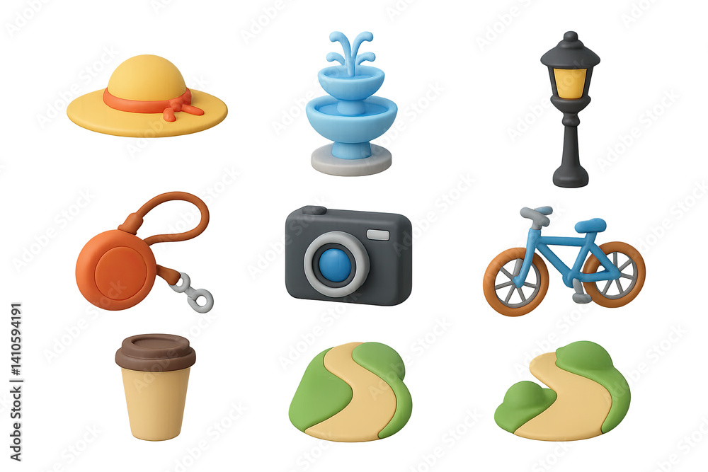 3D icon set of morning walk in park: sun hat, fountain, lamp post, dog leash, camera, bicycle, coffee cup, walking path. 3d icon. icons set of 3d style in a modern design. Isolated