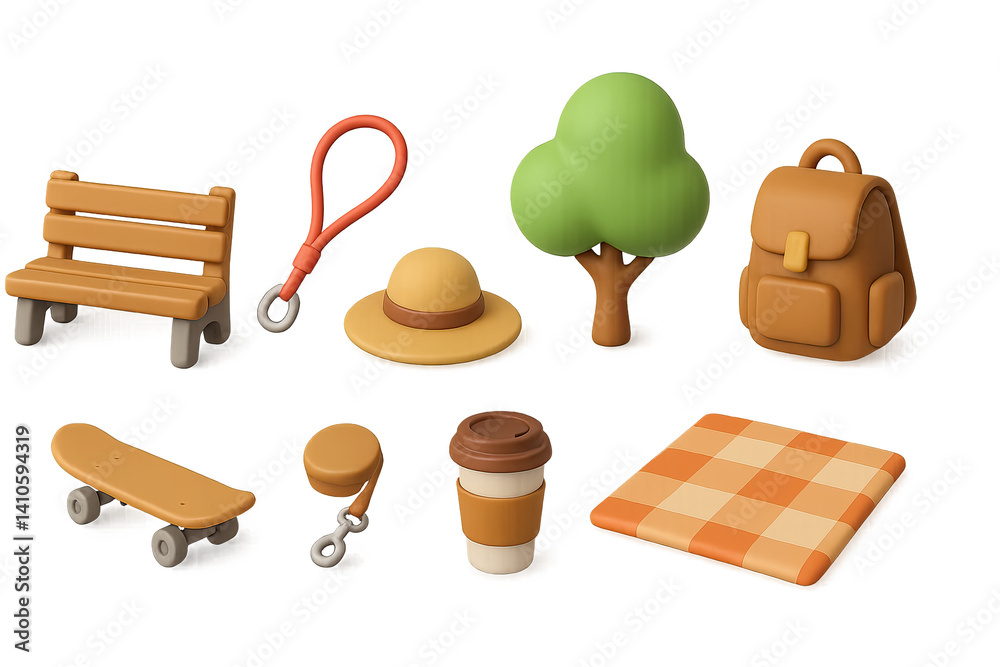 3D icon set of reading in park: bench, sun hat, dog leash, tree, backpack, skateboard, coffee cup, picnic blanket. 3d icon. icons set of 3d style in a modern design. Isolated
