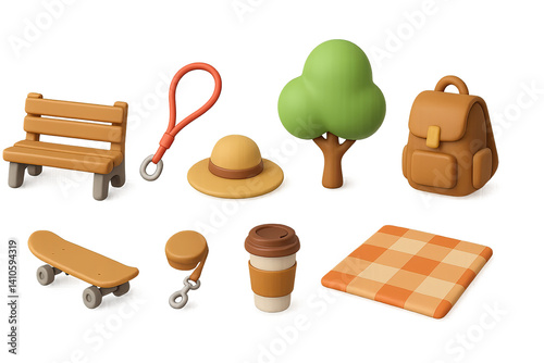Obraz na płótnie 3D icon set of reading in park: bench, sun hat, dog leash, tree, backpack, skateboard, coffee cup, picnic blanket. 3d icon. icons set of 3d style in a modern design. Isolated w salonie