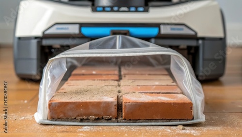 Medium closeup of the robotic cleaners dust collection bag partially filled with the remnants of cleansed brick surfaces signifying the extent of its cleaning capability.