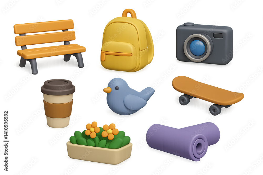 3D icon set of park picnic: wine glass, napkins, grapes, book, watermelon, paper plates, snack box, fruit bowl. 3d icon. icons set of 3d style in a modern design. Isolated