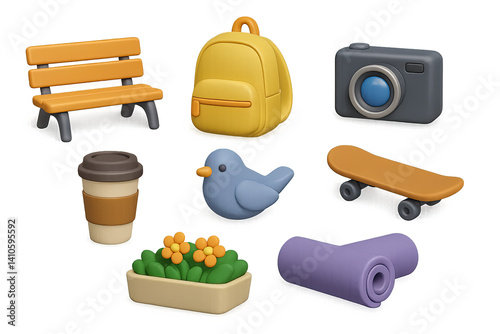 Obraz na płótnie 3D icon set of park picnic: wine glass, napkins, grapes, book, watermelon, paper plates, snack box, fruit bowl. 3d icon. icons set of 3d style in a modern design. Isolated w salonie