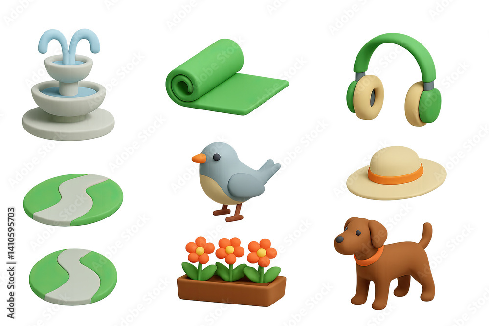 3D icon set of socializing in park: fountain, yoga mat, headphones, sun hat, walking path, bird, flower bed, dog. 3d icon. icons set of 3d style in a modern design. Isolated