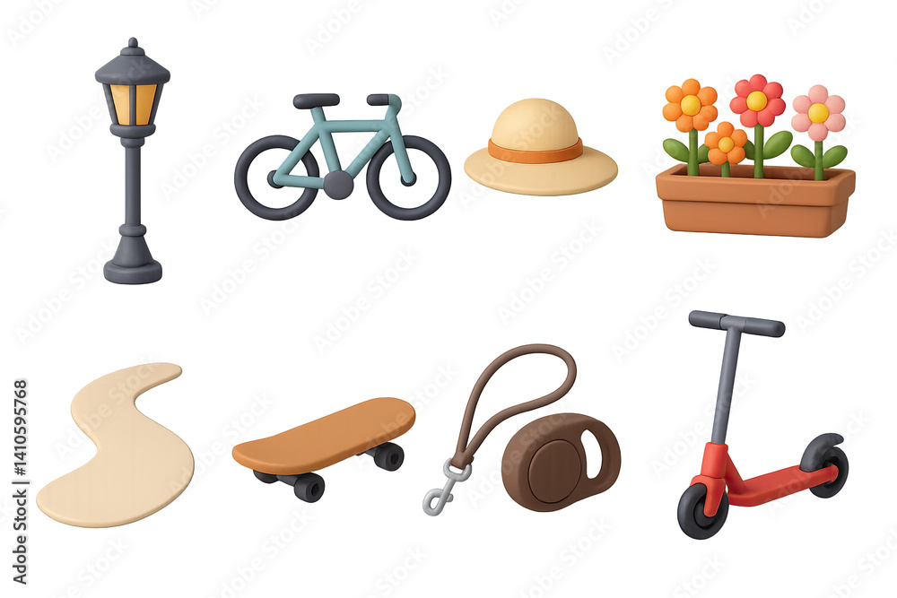Outdoor leisure icons set: bicycle, lamp, hat, flowers, 3d style