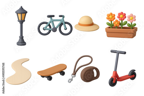 Obraz na płótnie Outdoor leisure icons set: bicycle, lamp, hat, flowers, 3d style w salonie