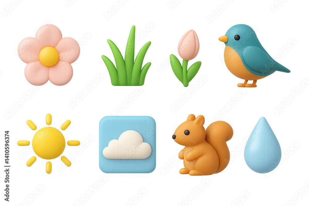 Colorful 3d nature icon set: flora, fauna, and weather elements