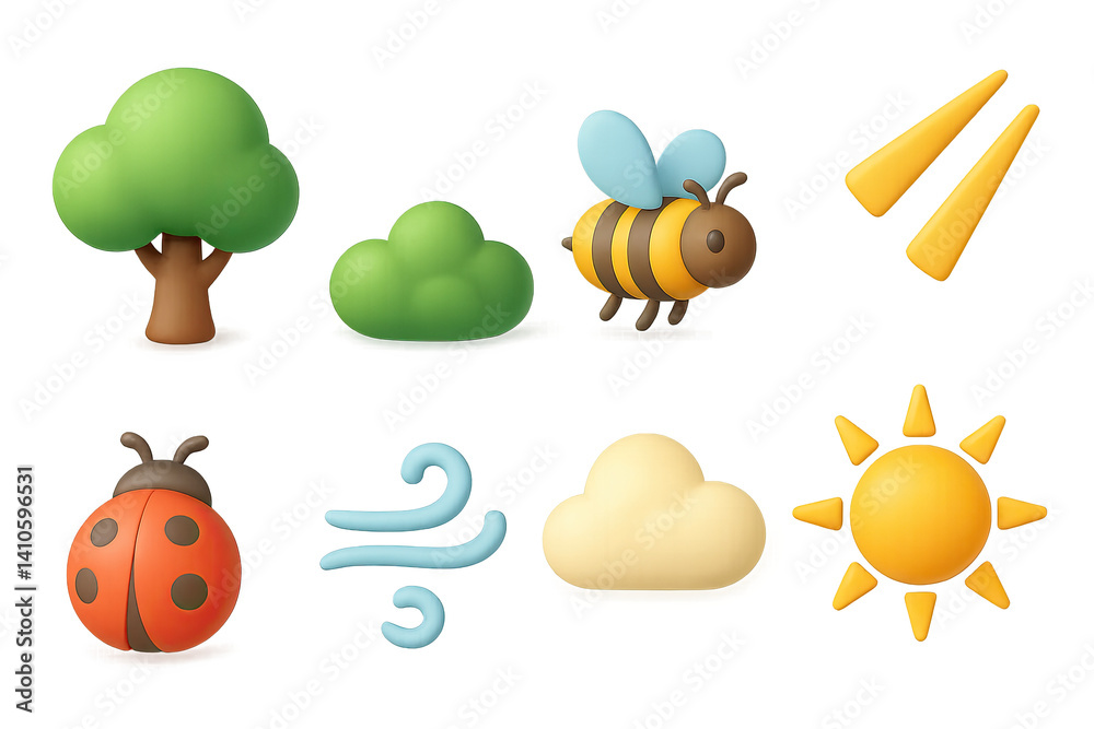 3D icon set of sunrise in park: tree trunk, bush, bee, sunbeam, ladybug, fresh breeze, morning sun, soft cloud. 3d icon. icons set of 3d style in a modern design. Isolated