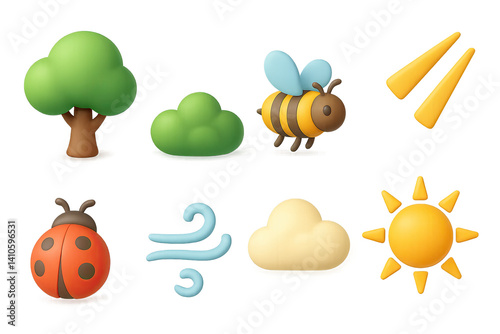 3D icon set of sunrise in park: tree trunk, bush, bee, sunbeam, ladybug, fresh breeze, morning sun, soft cloud. 3d icon. icons set of 3d style in a modern design. Isolated