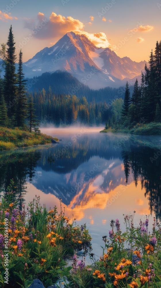 Snowy mountain reflecting in a lake at sunset with wildflowers