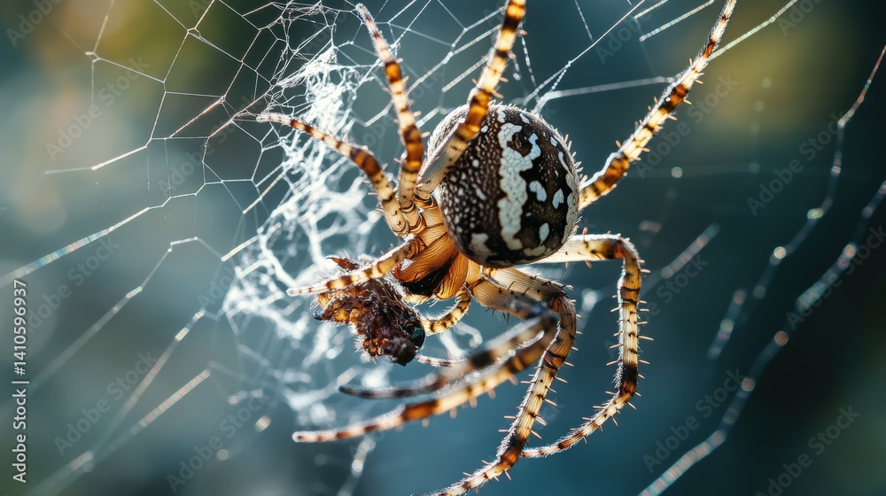 A close-up of a spider with intricate markings on its body, nestled within a detailed web. A close-up of a spider with intricate markings on its body, nestled within a detailed web.