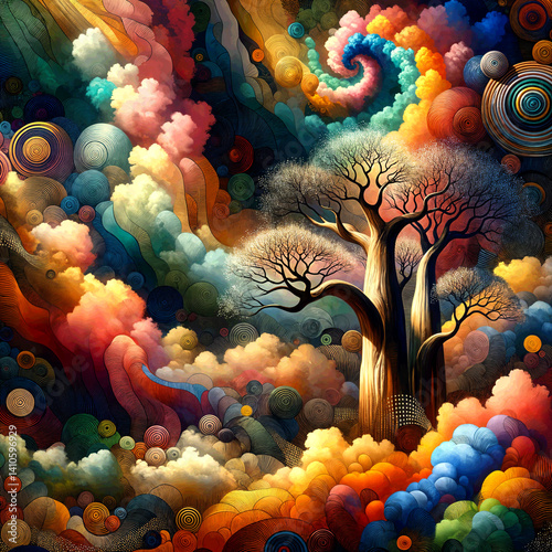 A surreal landscape features swirling clouds and colorful patterns, with a prominent, stylized tree at the center. The dynamic composition evokes a sense of wonder and fantasy,  Gen, A.I. 