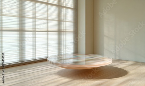 Modern round table in sunlit room, minimalist interior design, product display