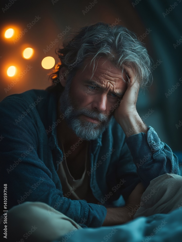 Depressed senior man suffering from loneliness and anxiety at home