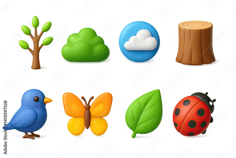 3D icon set of nature in motion: budding tree, bush, blue sky, tree trunk, bird, butterfly, green leaf, ladybug. 3d icon. icons set of 3d style in a modern design. Isolated